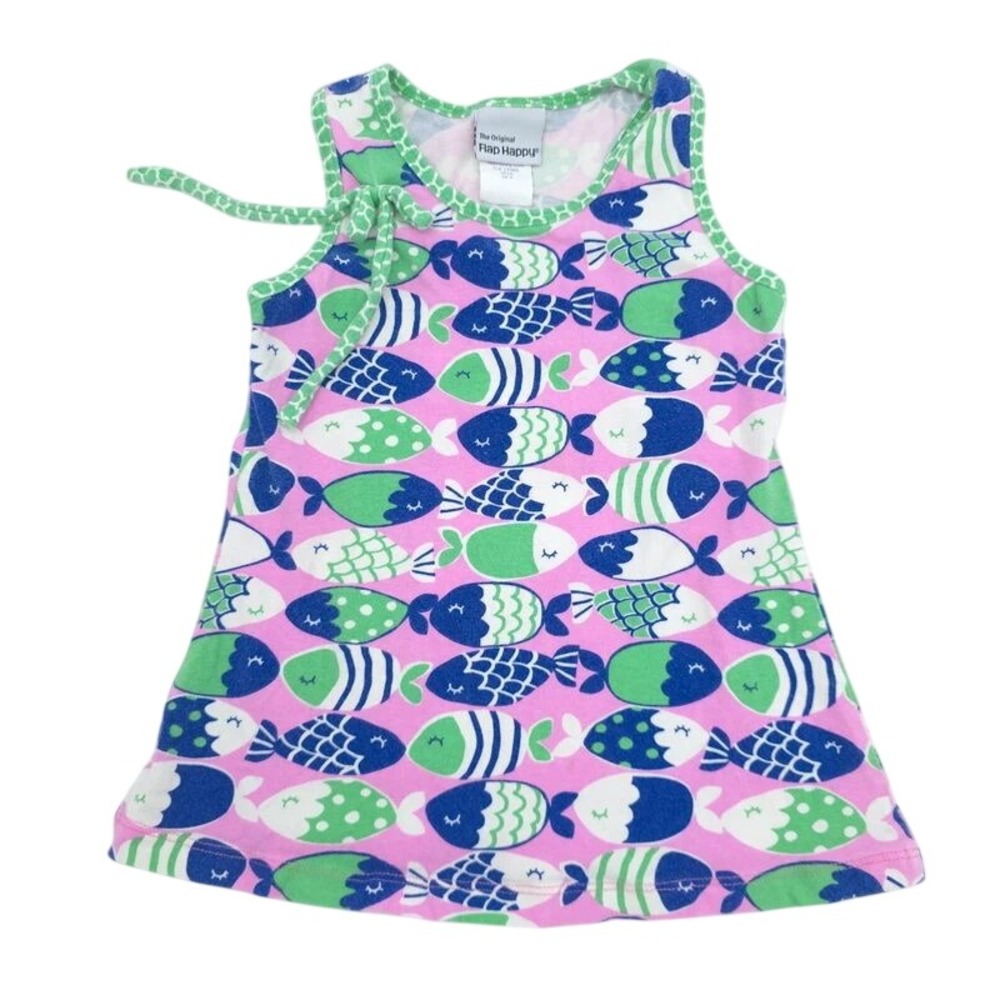 Vintage Flap Happy Pink Green Fish Print Sleeveless Tie Shoulder Top Size 4T